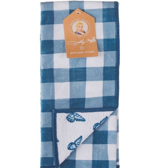 Dolly Parton Paisley and Checkered Kitchen Towel & Dish Cloth Set- Blue - Picture 4 of 10
